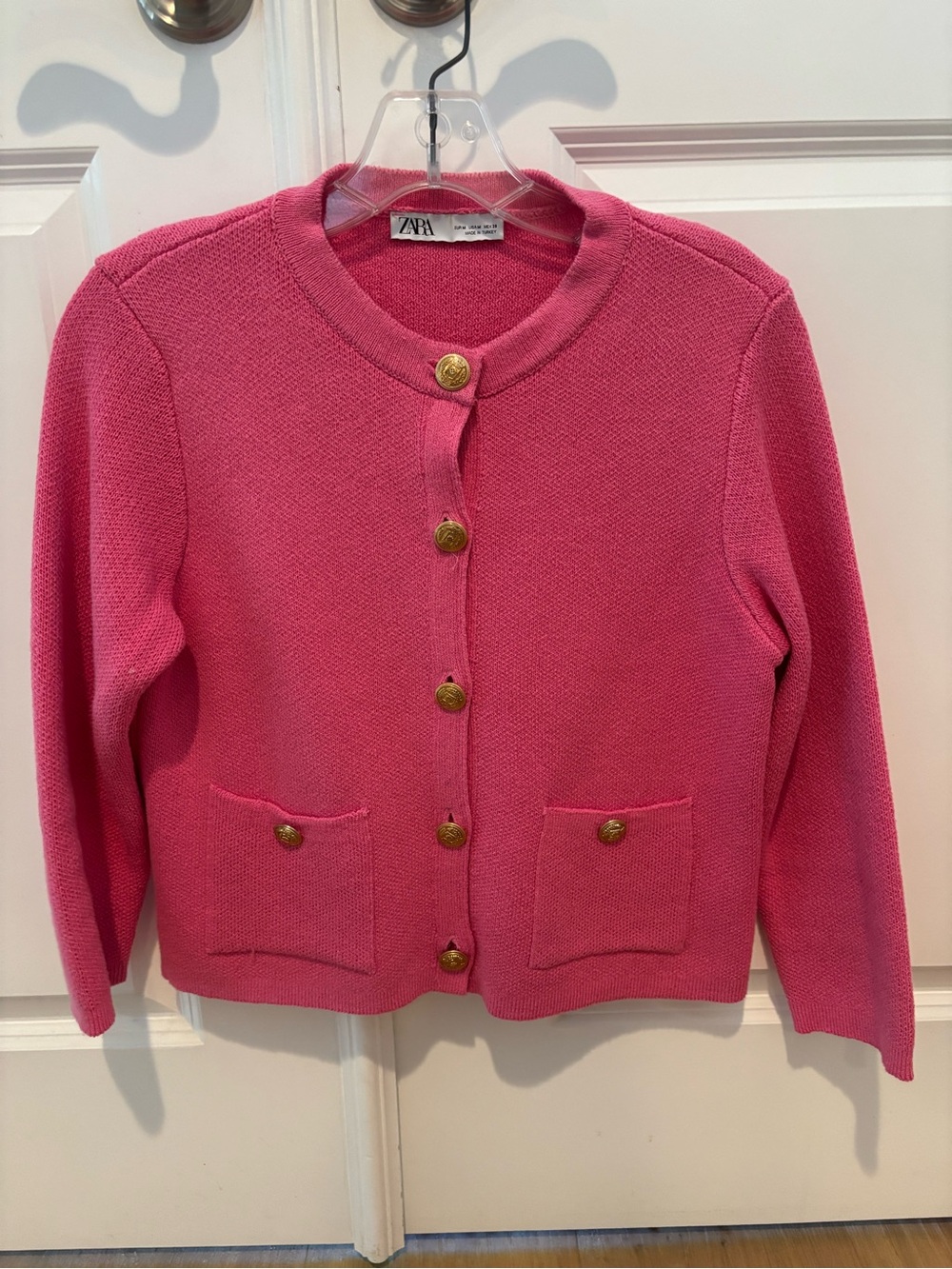 Zara Bright Pink Knit Cardigan with Gold Buttons